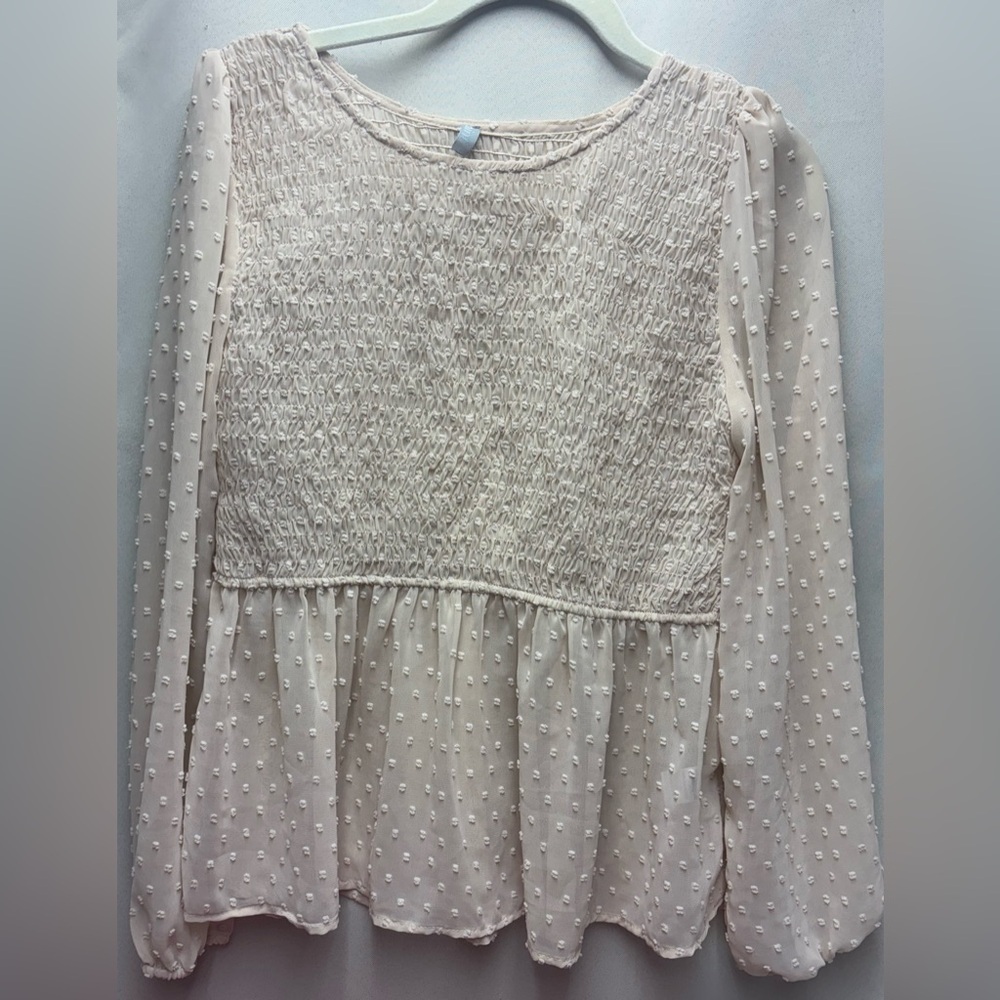 Sheer Textured Elastic Panel Long Sleeve Top Size Large Color Tan